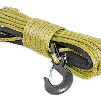Synthetic Rope 85 Feet Rated Up to 16,000 Lbs 3/8 Inch Includes Clevis Hook and Protective Sleeve Army Green